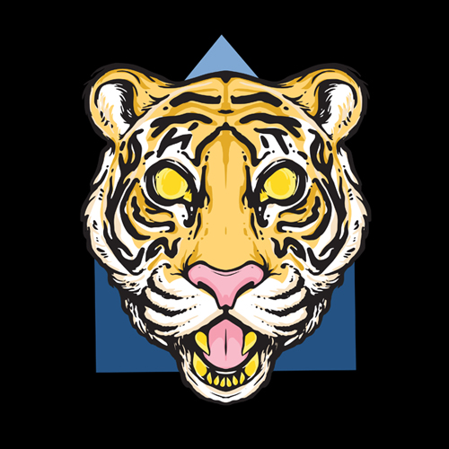 House Tiger graphic icon of open-mouthed tiger icon over house graphic